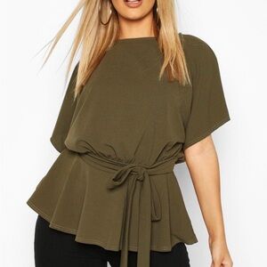 Boohoo Peplum Hem Tie Waist Top Black Size US 18